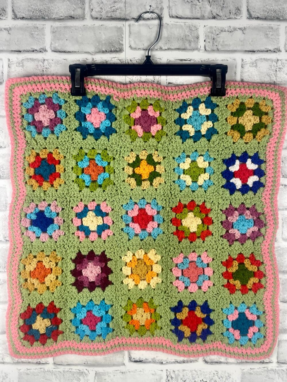 Vintage Crochet Granny Square Doll Blanket Pink Green Stroller Afghan 22inx26in